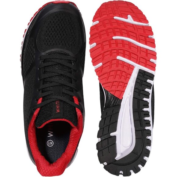 Men's Black Red Supportive Running Shoes Cushioned Athletic Lace Up Sneakers - Picture 5 of 6